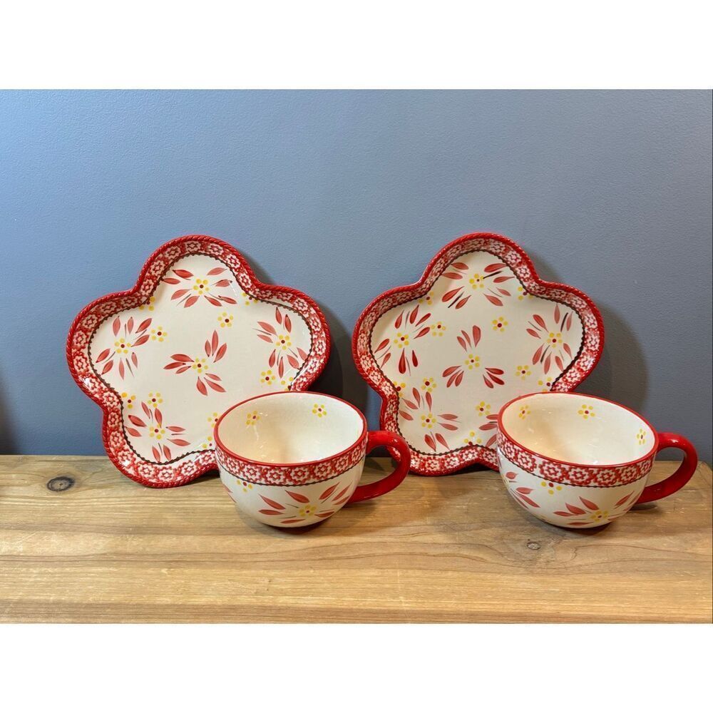 Temp-tations By Tara Old World Red Floral Soup and Sandwich set